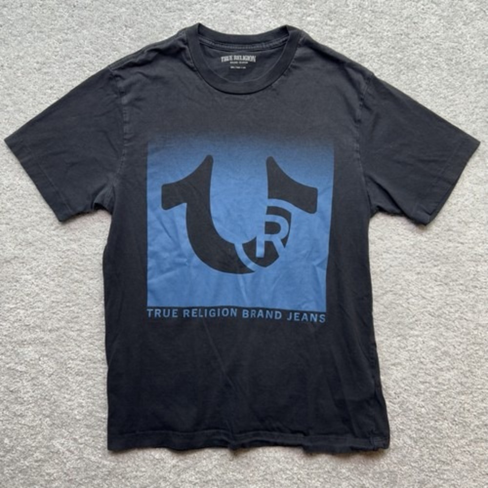 True Religion Mens Small Black Blue Ombre Box Horseshoe Logo Graphic T Shirt